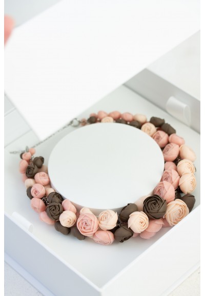 Blush & Cocoa Statement Necklace – Sculptural Floral Necklace, Unique Gift for Her