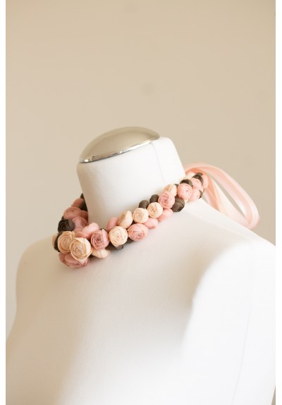 Blush & Cocoa Statement Necklace – Sculptural Floral Necklace, Unique Gift for Her