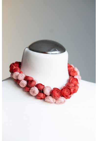Deep Red Floral Statement Necklace – Unique Handmade Necklace, Sculptural Jewelry