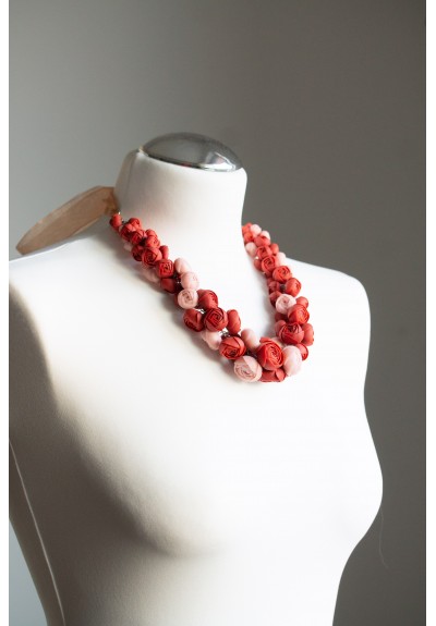 Deep Red Floral Statement Necklace – Unique Handmade Necklace, Sculptural Jewelry