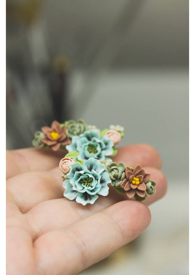 Flowers Boquet Cuff earrings Blue Green Beige floral stud earrings, unique floral jewelry, design from EtenIren