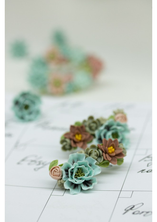 Flowers Boquet Cuff earrings Blue Green Beige floral stud earrings, unique floral jewelry, design from EtenIren