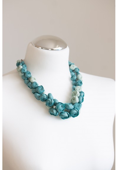 Dusty Teal Floral Statement Necklace, Handmade Polymer Clay Flowers, Adjustable Length Necklace, One of a Kind Jewelry