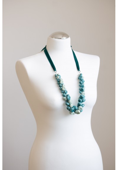 Dusty Teal Floral Statement Necklace, Handmade Polymer Clay Flowers, Adjustable Length Necklace, One of a Kind Jewelry