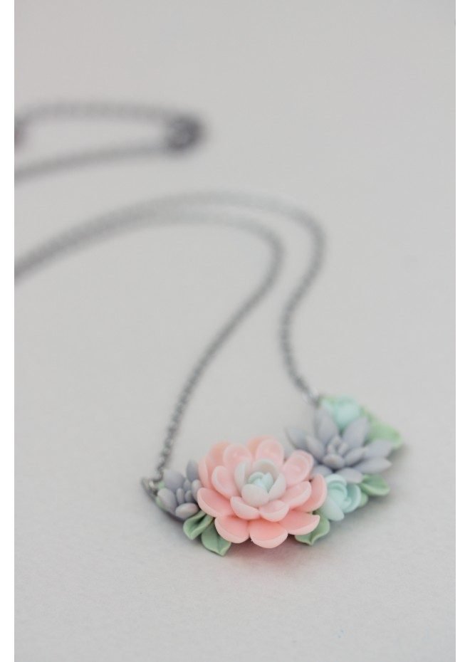 Green, Blue, Pink, and Gray Succulent Necklace