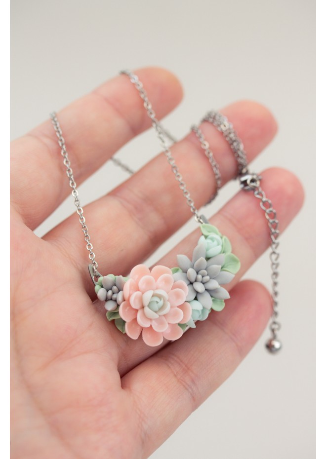 Green, Blue, Pink, and Gray Succulent Necklace