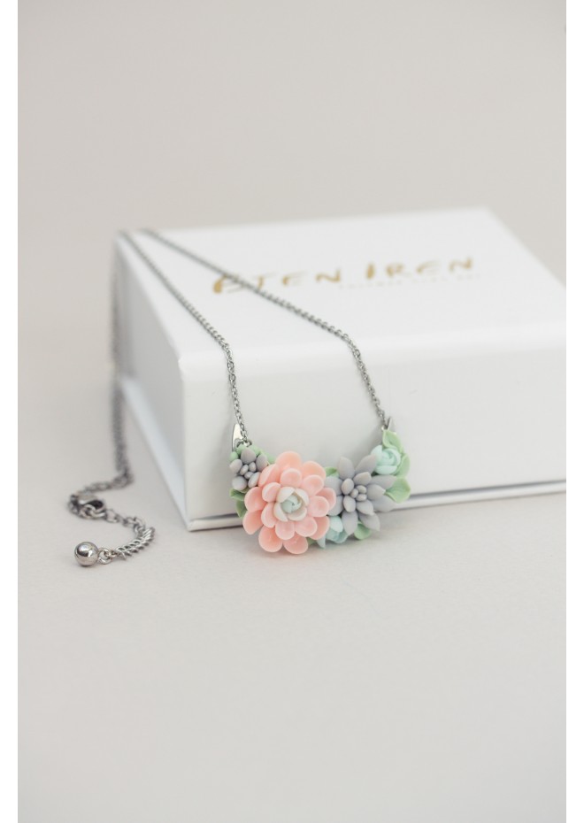 Green, Blue, Pink, and Gray Succulent Necklace