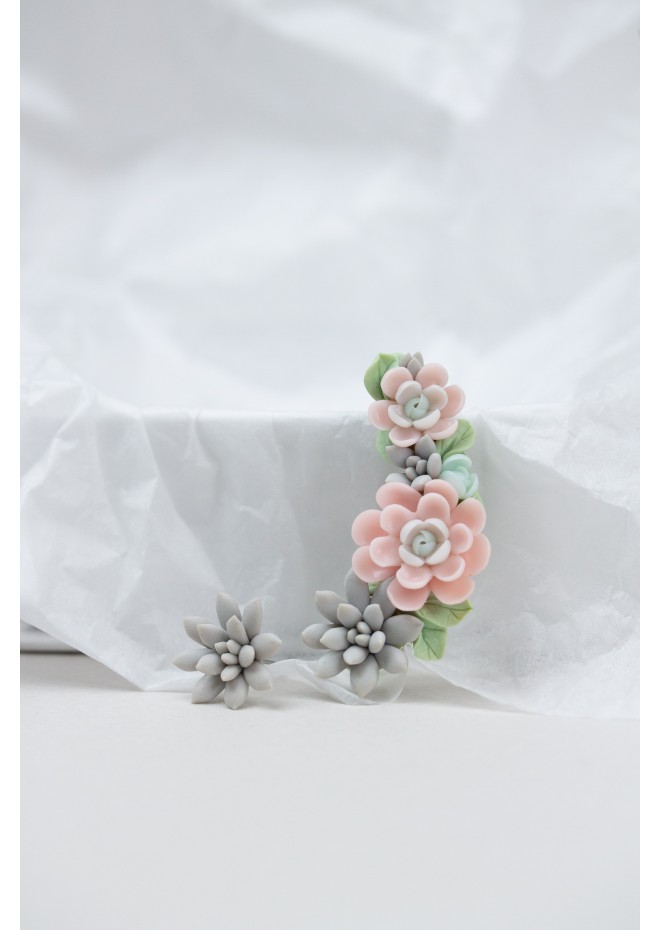 Pink, Blue, and Green Succulent Cuff Earrings/Stud Earrings