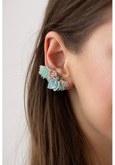 Blue, Pink, and Green Succulent Echeveria Cuff Earrings