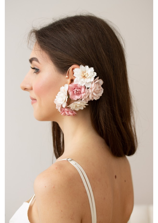 Cuff Earrings with Delicate Blossoms, Pansy Flowers and Green Leaves