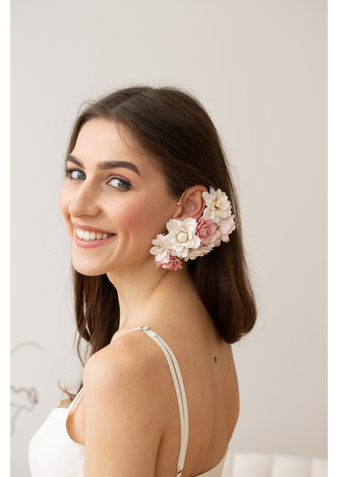 Cuff Earrings with Delicate Blossoms, Pansy Flowers and Green Leaves