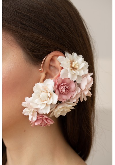 Cuff Earring with Delicate Blossoms, Pansy Flowers and Green Leaves