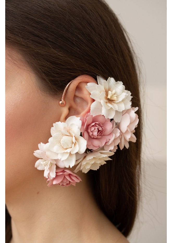 Cuff Earrings with Delicate Blossoms, Pansy Flowers and Green Leaves