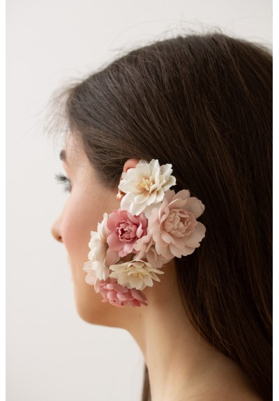 Cuff Earring with Delicate Blossoms, Pansy Flowers and Green Leaves