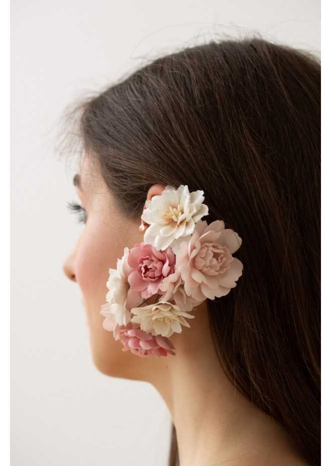 Cuff Earrings with Delicate Blossoms, Pansy Flowers and Green Leaves