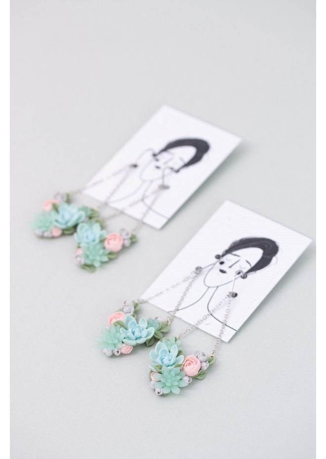 Statement Blue and Pink Succulents Earrings