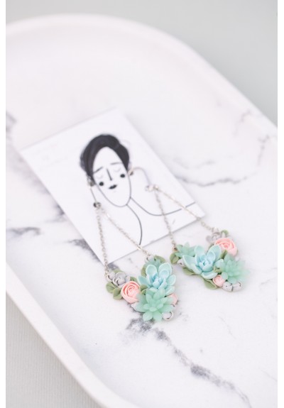 Statement Blue and Pink Succulents Earrings