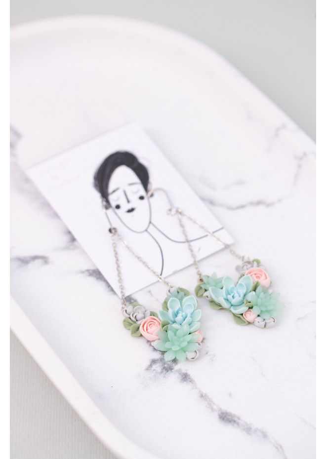 Statement Blue and Pink Succulents Earrings