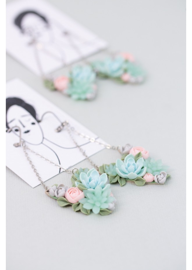 Statement Blue and Pink Succulents Earrings