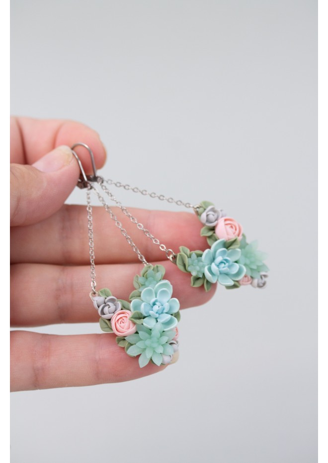 Statement Blue and Pink Succulents Earrings
