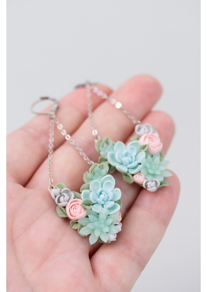 Statement Blue and Pink Succulents Earrings
