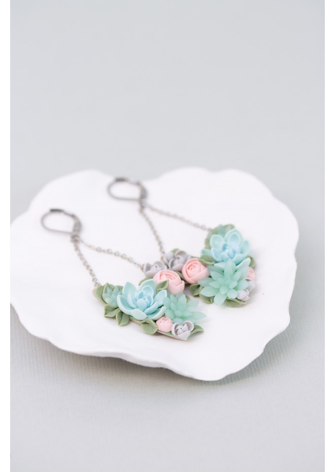 Statement Blue and Pink Succulents Earrings