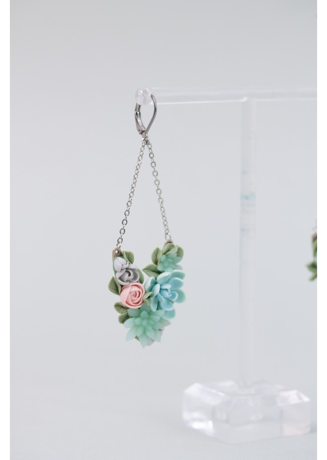 Statement Blue and Pink Succulents Earrings