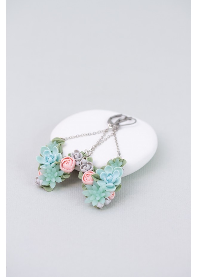 Statement Blue and Pink Succulents Earrings