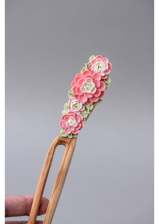 Unique Pink Wooden Hairpin With Handcrafted Succulents / Flowers