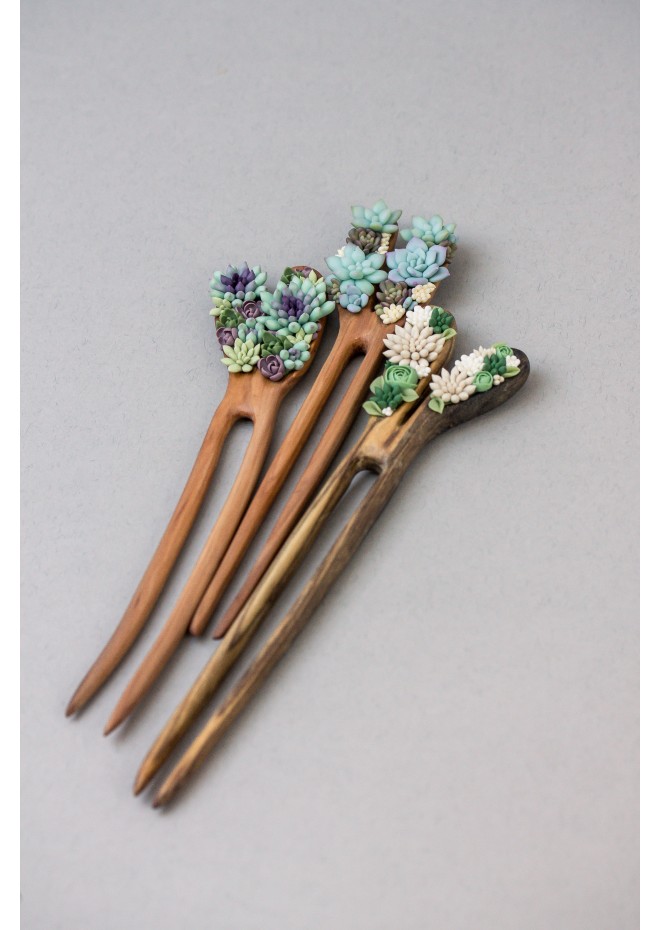 Unique  Green and Beige Wooden Hairpin With Handcrafted Succulents