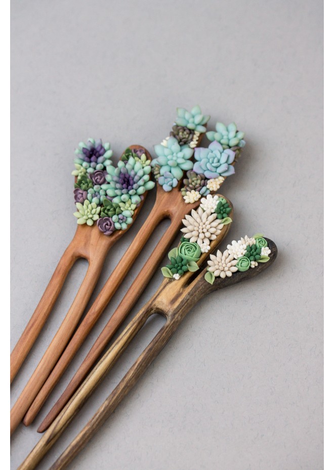 Unique  Green and Beige Wooden Hairpin With Handcrafted Succulents