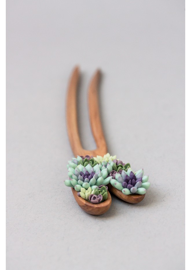 Wooden Hairpin With Colorful Succulents