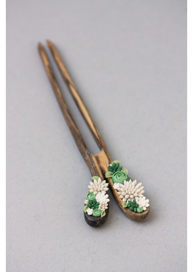 Unique  Green and Beige Wooden Hairpin With Handcrafted Succulents