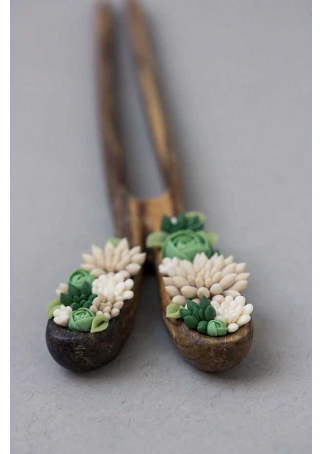 Unique  Green and Beige Wooden Hairpin With Handcrafted Succulents
