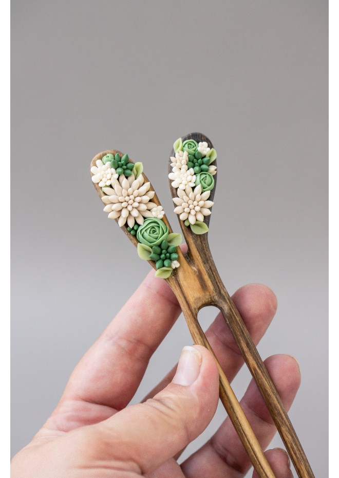 Unique  Green and Beige Wooden Hairpin With Handcrafted Succulents