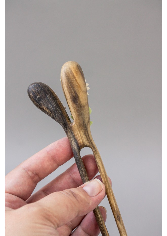 Unique  Green and Beige Wooden Hairpin With Handcrafted Succulents