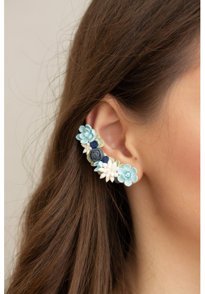 Green, Blue, and White Succulent Cuff Earring