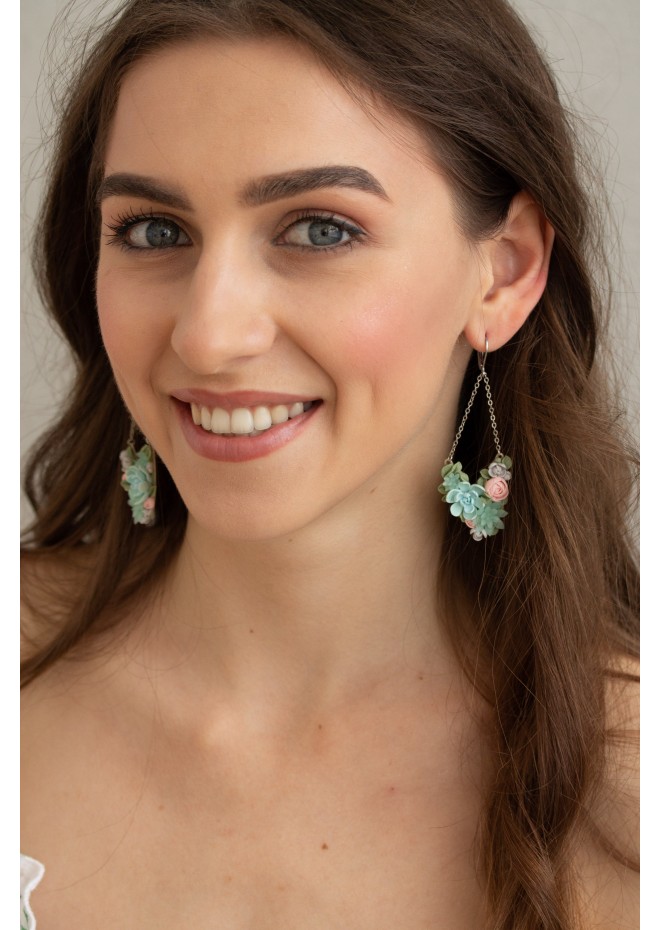 Statement Blue and Pink Succulents Earrings