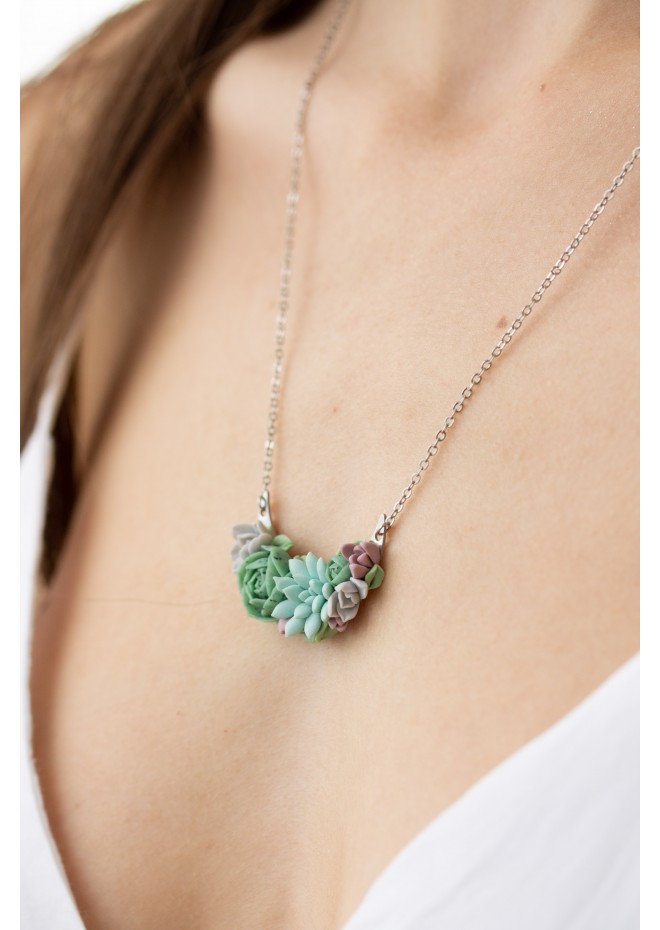 Green, Blue, Pink, and Gray Succulent Necklace