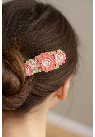 Unique Pink Wooden Hairpin With Handcrafted Succulents Flowers