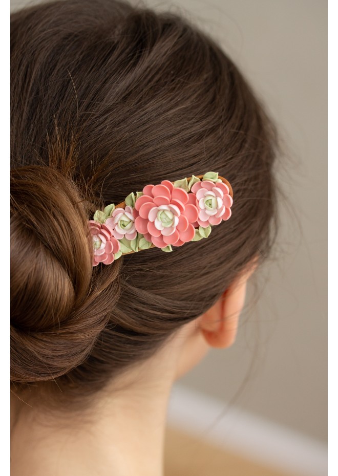 Unique Pink Wooden Hairpin With Handcrafted Succulents / Flowers
