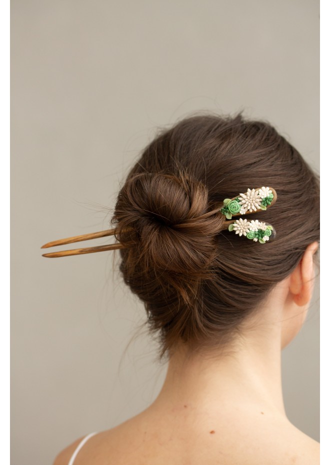 Unique  Green and Beige Wooden Hairpin With Handcrafted Succulents