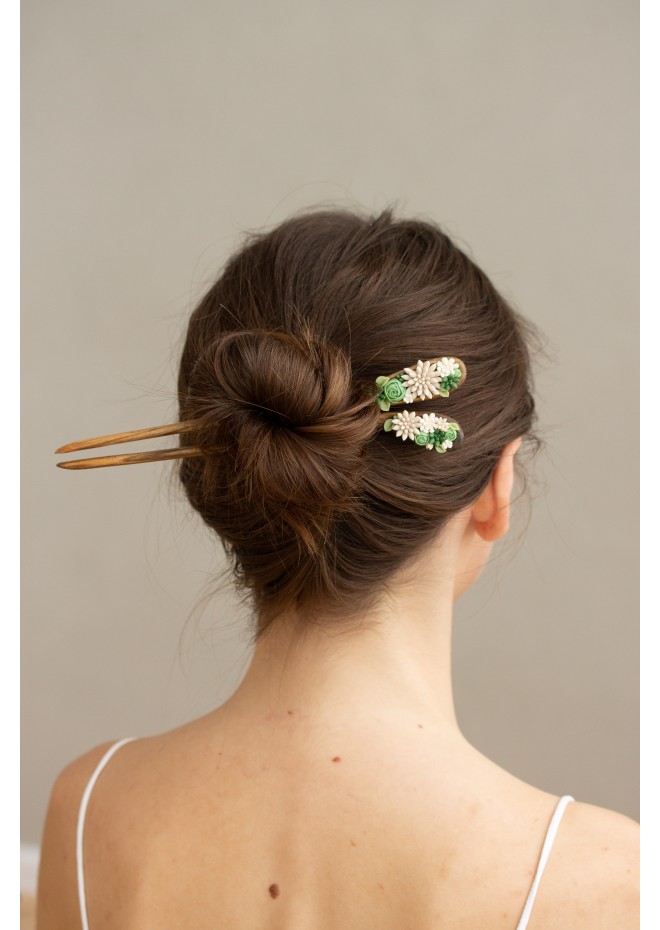 Unique  Green and Beige Wooden Hairpin With Handcrafted Succulents