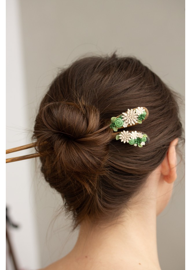 Unique  Green and Beige Wooden Hairpin With Handcrafted Succulents
