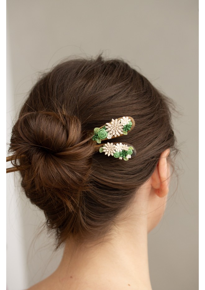 Unique  Green and Beige Wooden Hairpin With Handcrafted Succulents