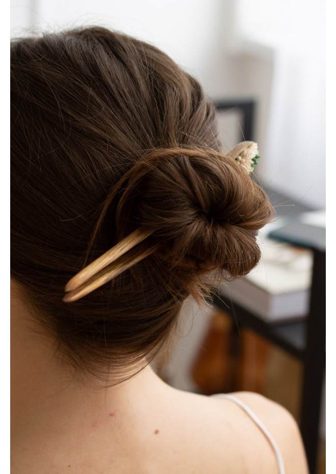 Unique  Green and Beige Wooden Hairpin With Handcrafted Succulents