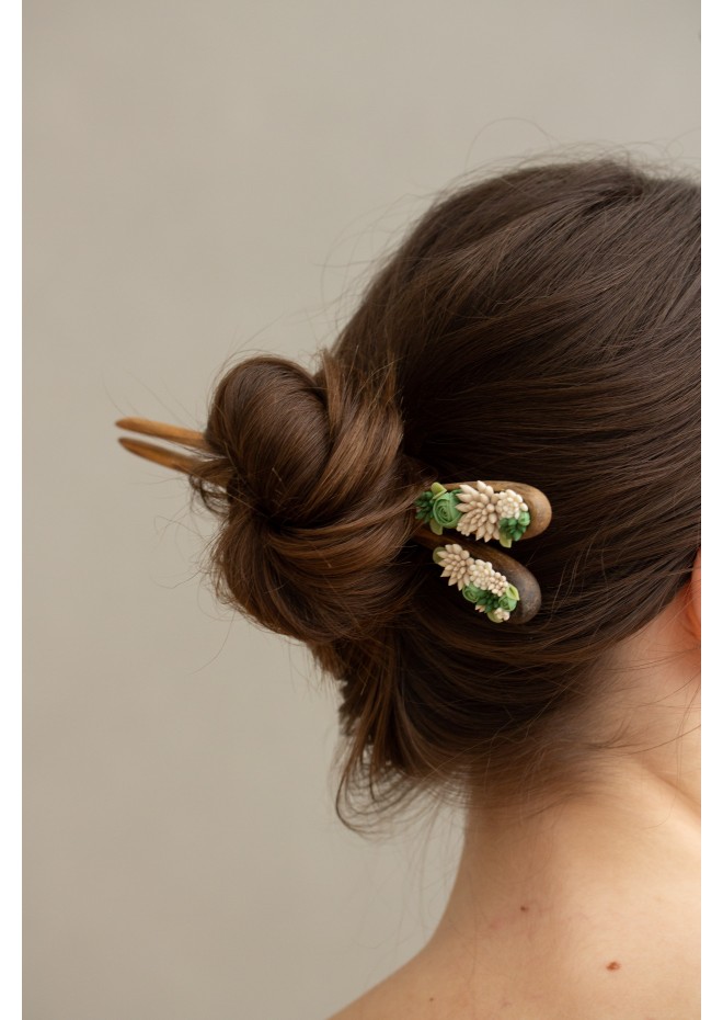 Unique  Green and Beige Wooden Hairpin With Handcrafted Succulents