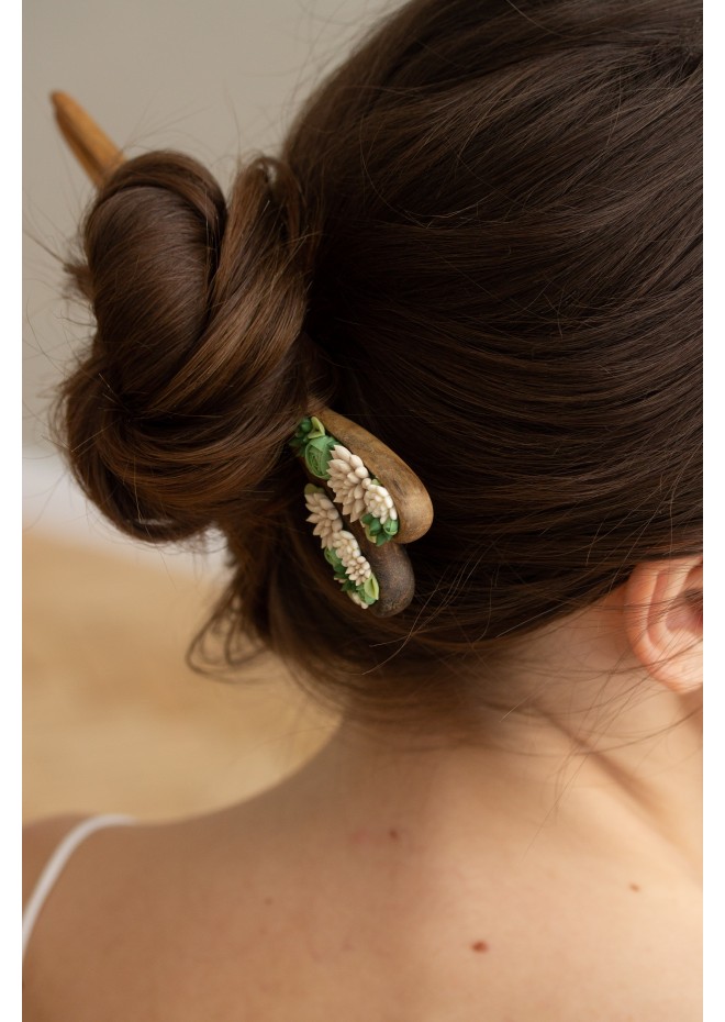 Unique  Green and Beige Wooden Hairpin With Handcrafted Succulents