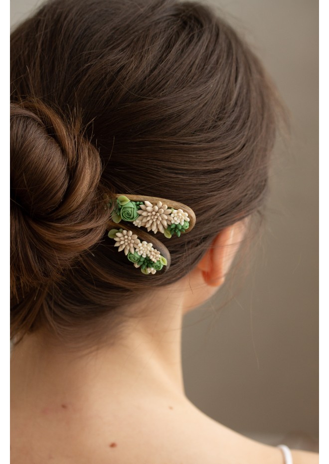Unique  Green and Beige Wooden Hairpin With Handcrafted Succulents