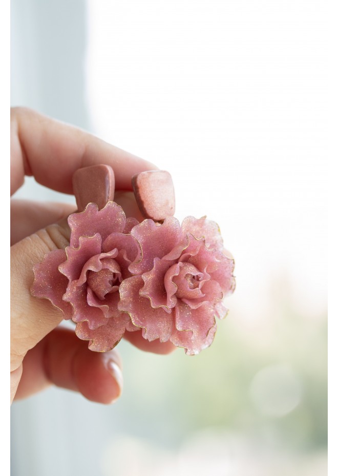 Pink gold Flowers Statement earrings, polymer clay earrings